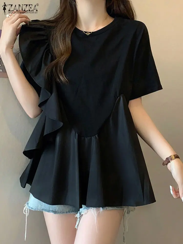 ZANZEA Summer Holiday Blouse Women Elegant Shirt Short Sleeve Ruffles Tops Tunic Femme Solid O Neck Blusas Casual Loose Cehmise