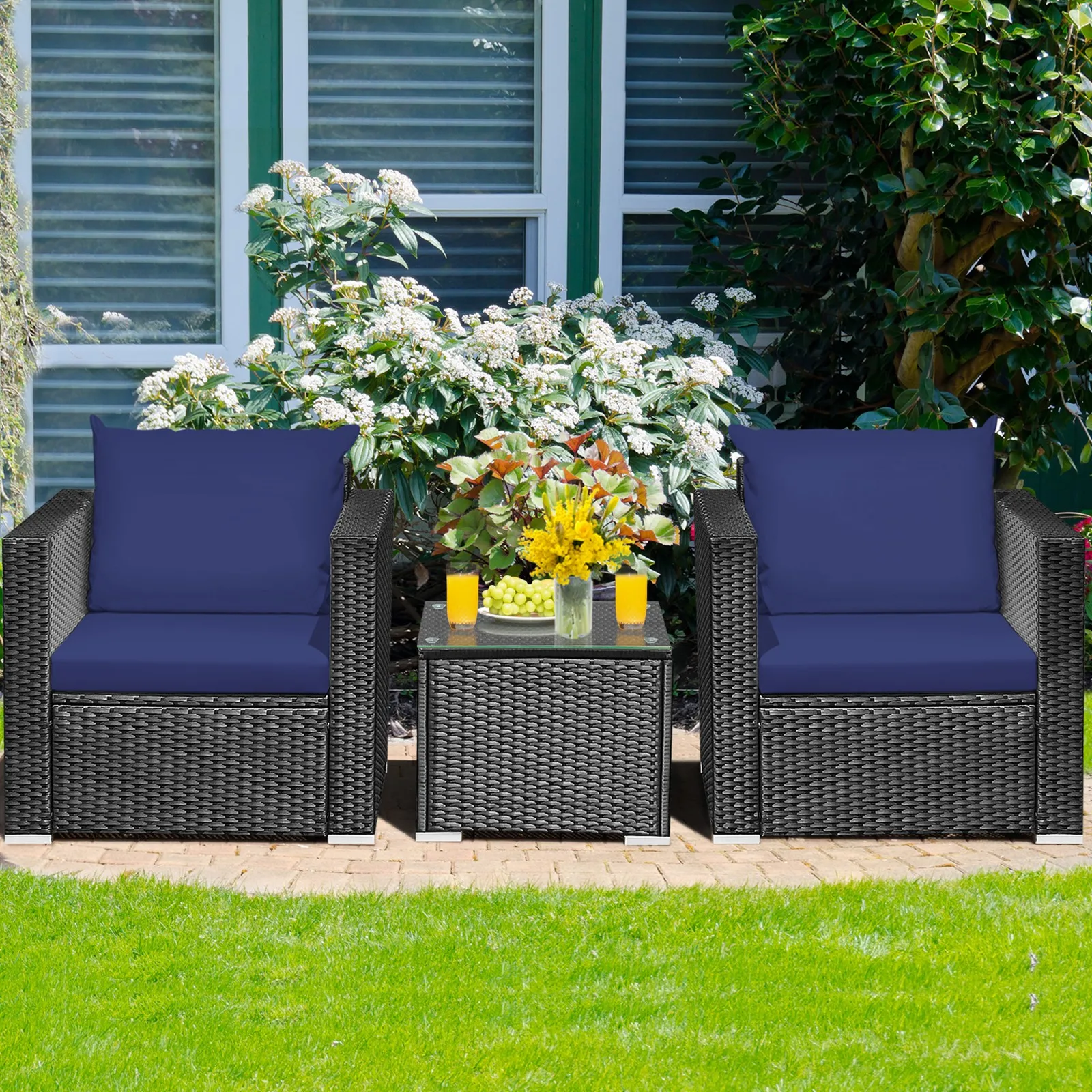 

3PCS Furniture Set Outdoor w/ Navy Cushions