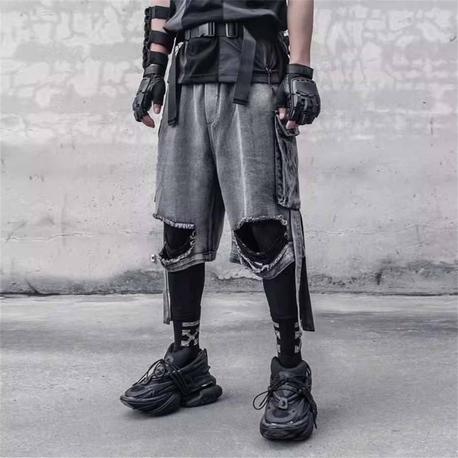 Vintage Ripped Hole Jeans Shorts Men Streetwear Hip Hop Washed Knee Length Pants 2025 Summer New Harajuku Y2K Denim Shorts Male