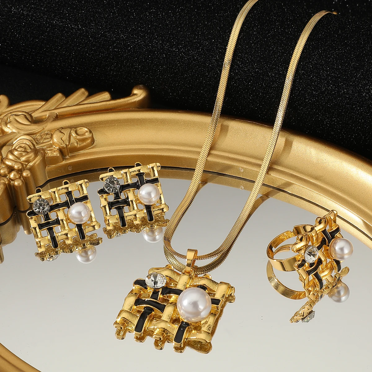 Exquisite Fashion Geometric Pearl Double Layer Chain  Necklace Earrings Ring 3 Piece Set Wedding Jewelry Set Birthday Gift