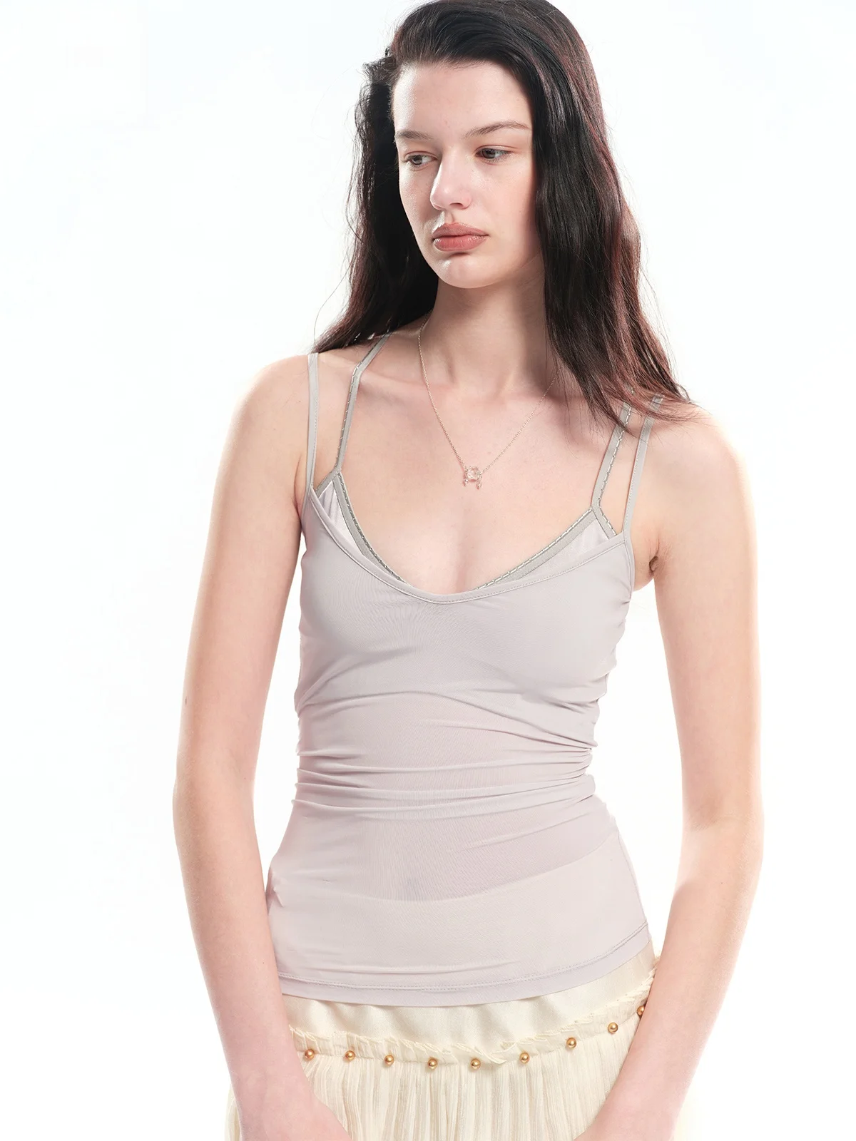 

Женская модная укороченная нейлоновая майка Dotyears Slim Fit с V-образным вырезом, светло-фиолетовая, имитация двухслойности, весенняя коллекция