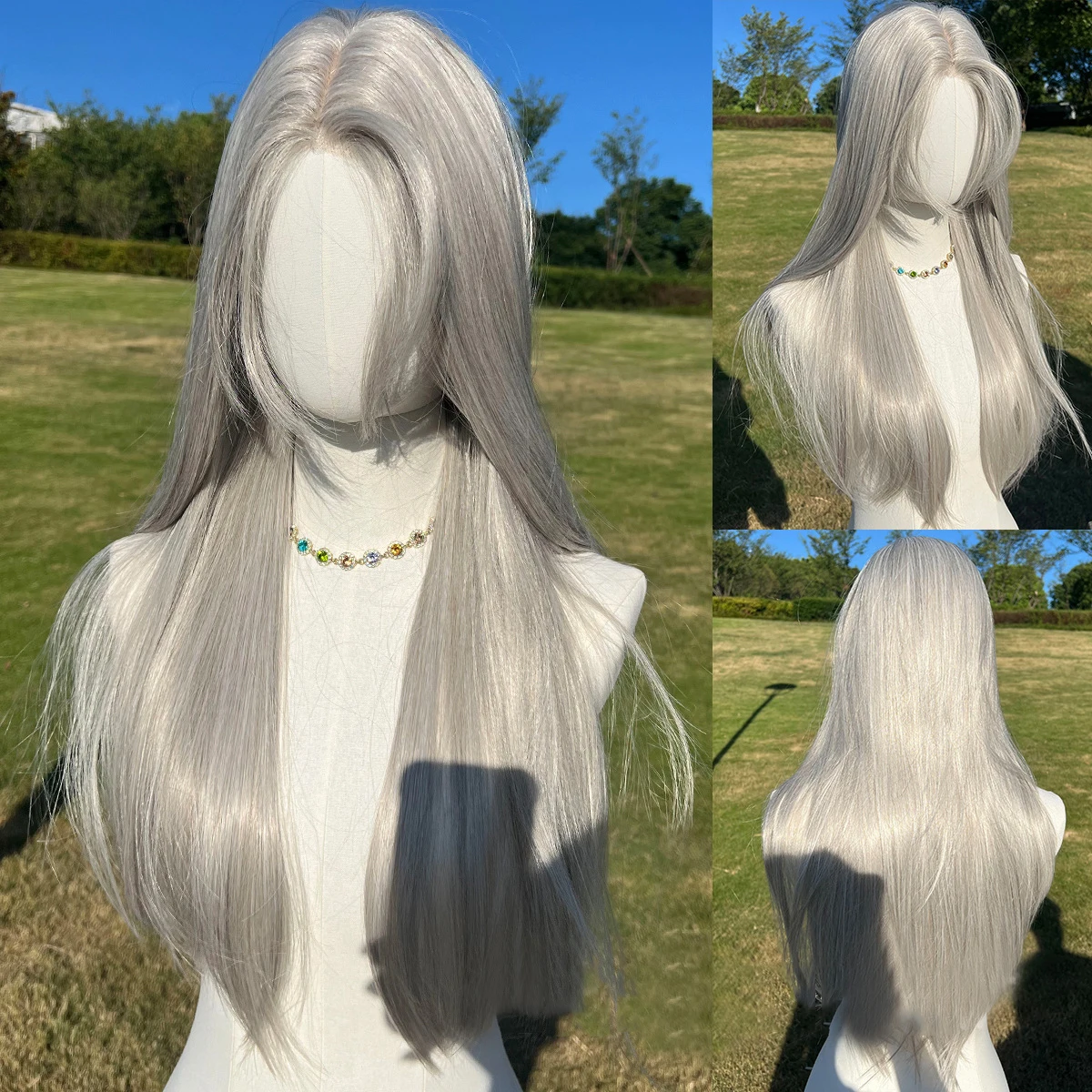 

Gray Daily 28 inch Natural Hairline Synthetic Fiber Long Straight Lolita Wig With Bangs Cosplay Party Ladies Wig