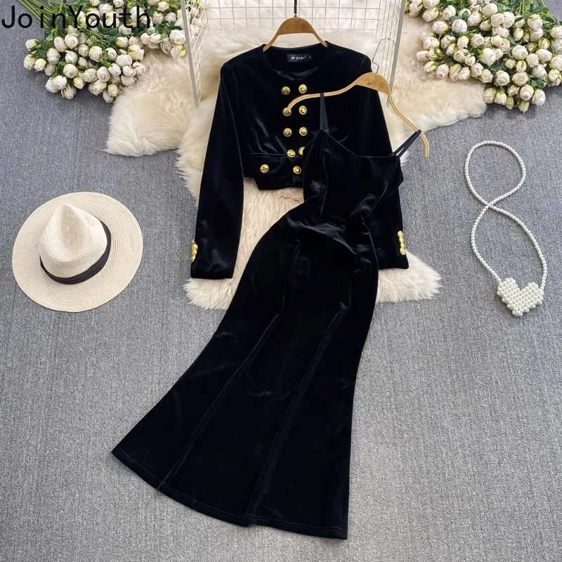 Women Clothes Temperament Outfits 2 Piece Sets Double-breasted O-neck Crop Coats Slim Waist Bodycon Sling Maxi Dress Velvet Suit