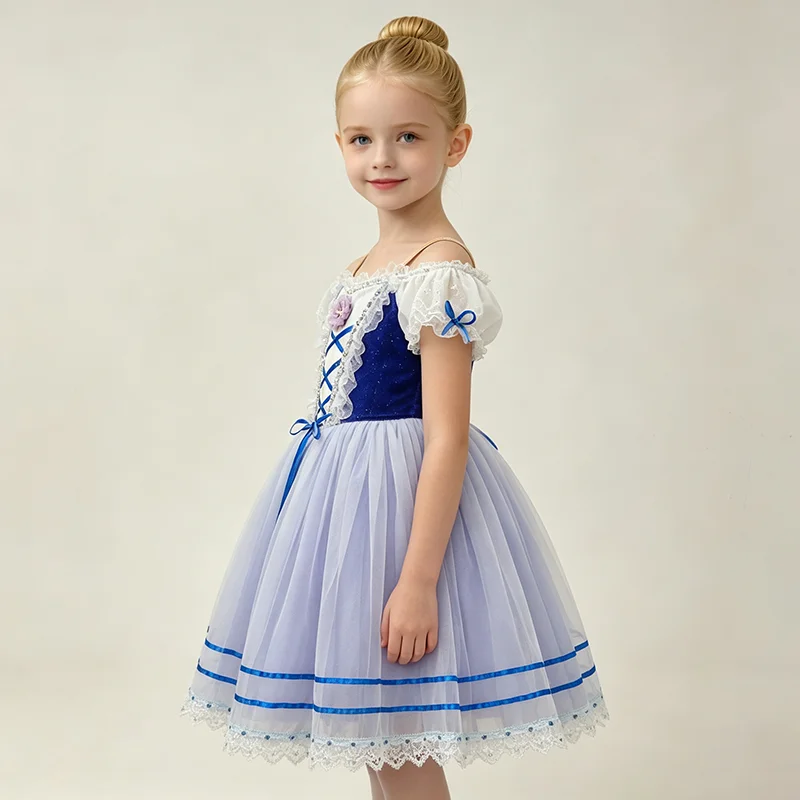 Kids navy light blue contrast off shoulder lace flutter sleeve lace-up flower bow ballet tutu blue striped lace dance dress for