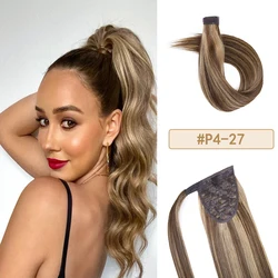 Ponytail Extensions 100% Human Hair With Clip In Magic Paste Invisible Ponytails Wrap Around Natural Soft Straight For Woman