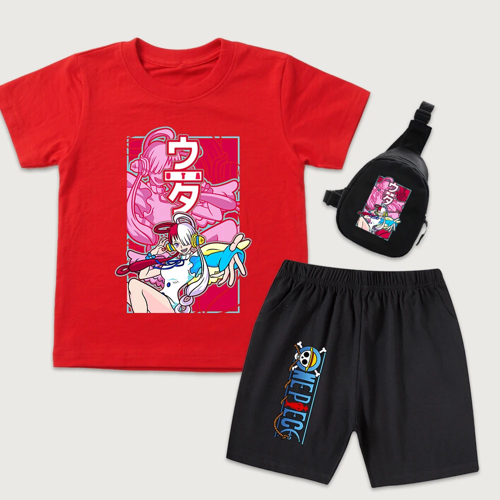 One Piece Uta Anime Print Cotton T Shirt Shorts Mini Chest Bag 3 Piece Set for Kids Boys Girls Summer Casual Outfit view 5