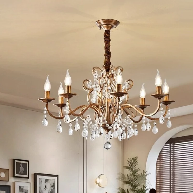 

French Retro Iron Art Chandeliers LED E14 Gold Lustre Teardrop Shape Crystal Pendant Light Living Room Bedroom Restaurant Study