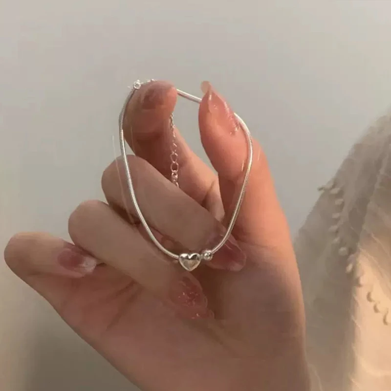 925 Sterling Silver Round Bead Heart-Shaped Snake Bone Bracelet For Women's Fashion Korean Version New Bracelet Wedding Jewelry