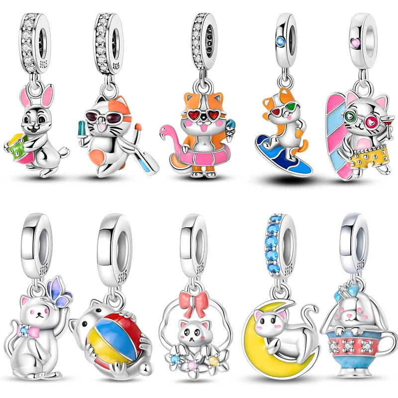 

100% 925 Sterling Silver Cute Colorful Holiday Cat Pink Rabbit Charms Pendants Fit Pandach Bracelets DIY Birthday Jewelry Gifts