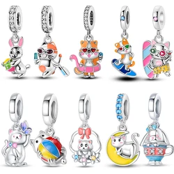 100% 925 Sterling Silver Cute Colorful Holiday Cat Pink Rabbit Charms Pendants Fit Pandach Bracelets DIY Birthday Jewelry Gifts