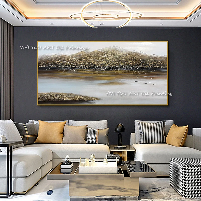 Luxury Gold City Skyline Abstract Oil Painting Hand Painted Texture Canvas Wall Art Modern Large Artwork for Living Room Decor