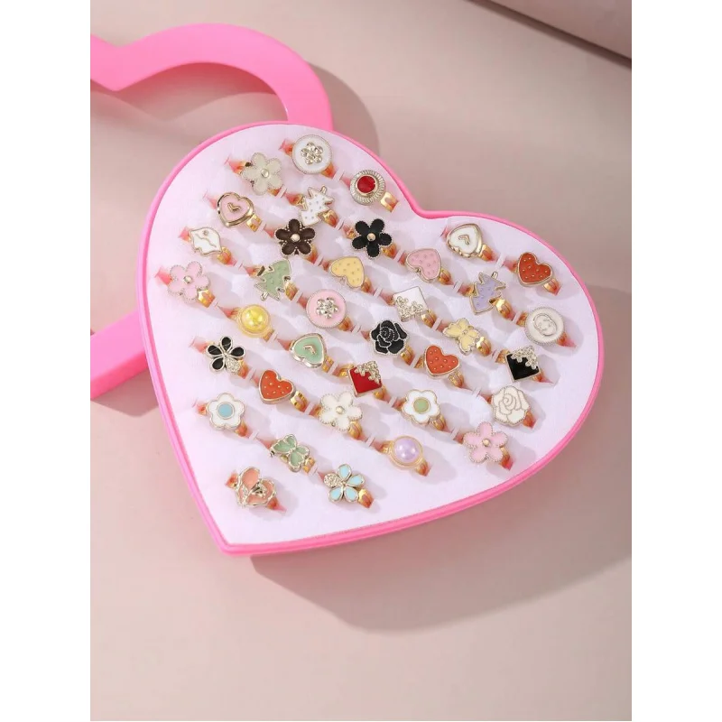 36pcs Girls Adjustable Rings Set, Assorted Alloy Heart Shaped Rings In Gift Box, Random Color