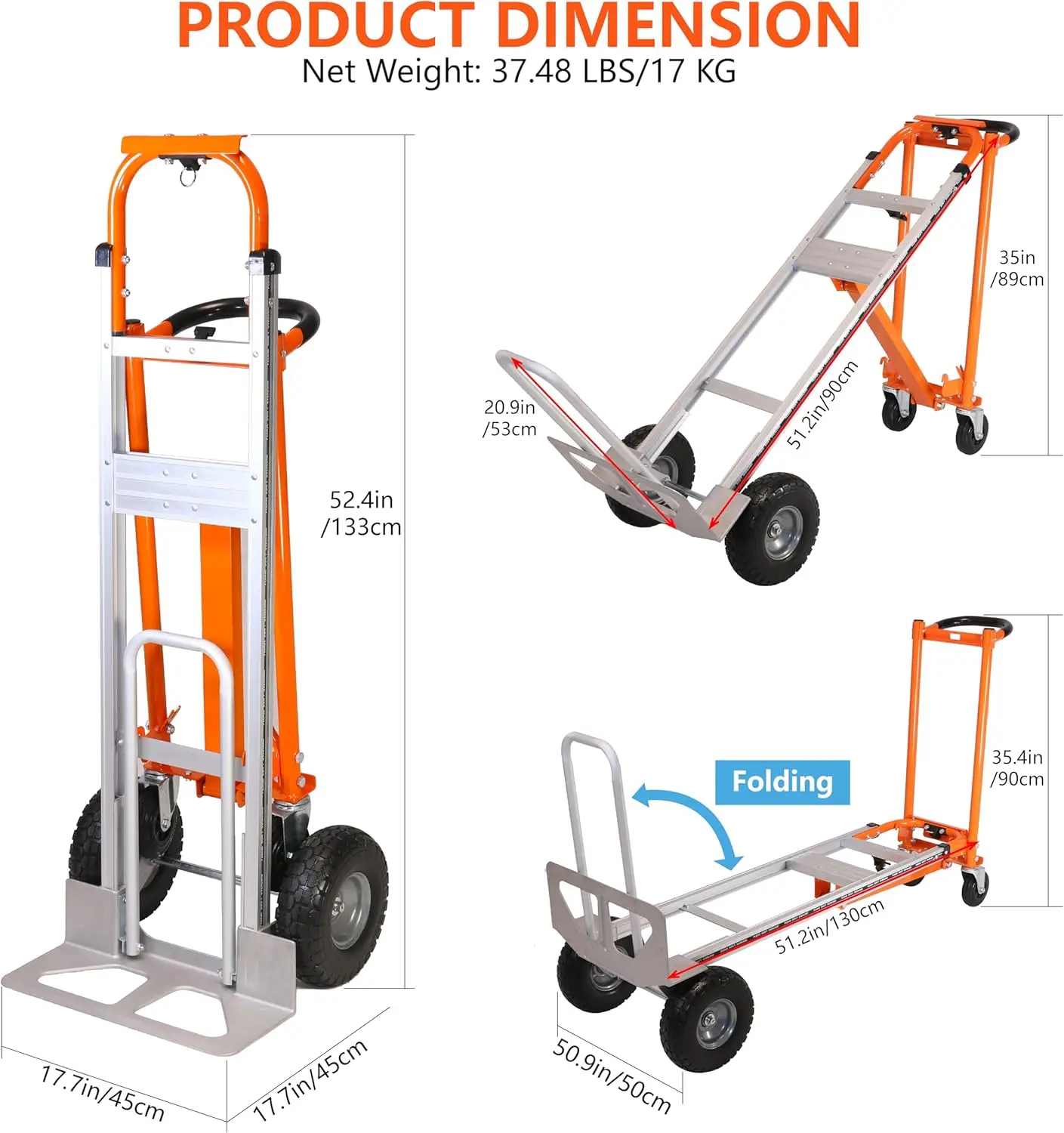 Convertible Hand Truck, 3 in 1 Folding Dolly 1000 LBS Capacity Heavy Duty Industrial Platform Cart Collapsible Truck for Transpo