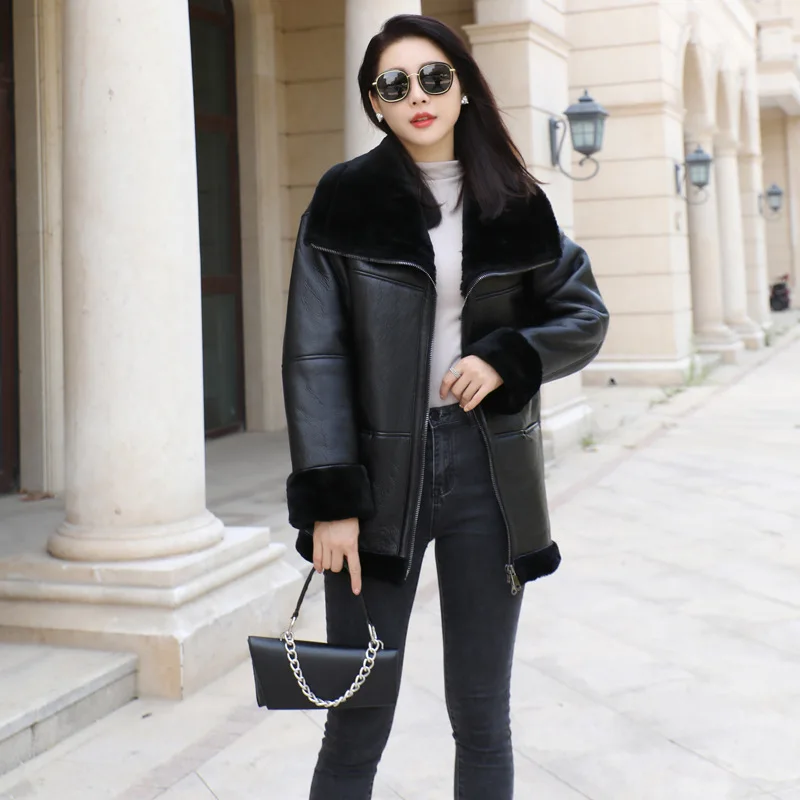 Women Real Shearling Lamb Fur Jackets Winter Double Face Coats Lady Crop Jacket Thick Warm Outerwear