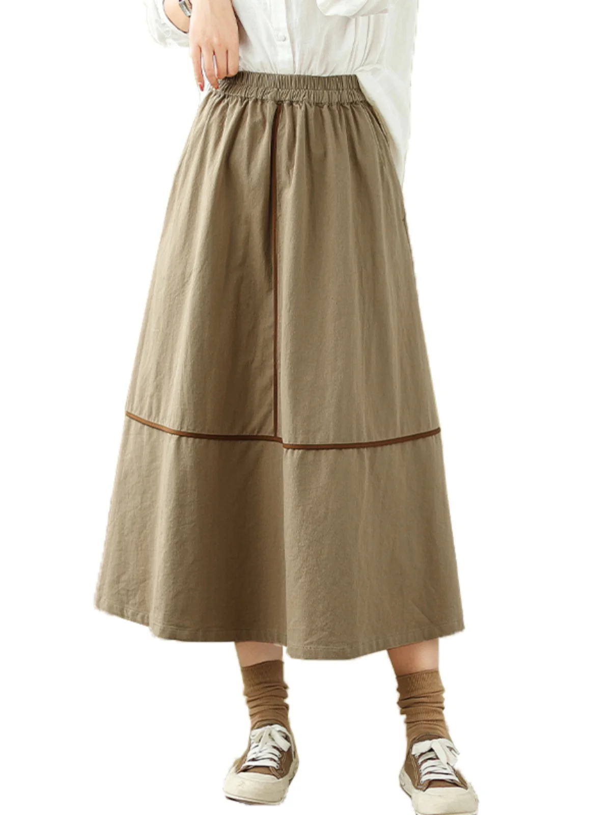 Kaki kleur puur katoen A-lijn rok dames retro kleur Blo elastische taille afslankende midi rok woon-werkverkeer Sle vrijetijdskleding