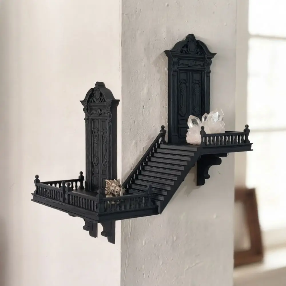 3D Printed Gothic Staircase Display Shelf Black Wall Mounted Wall Mount Stair Shelf Ornate Carving Plastic Gothic Wall Shelf