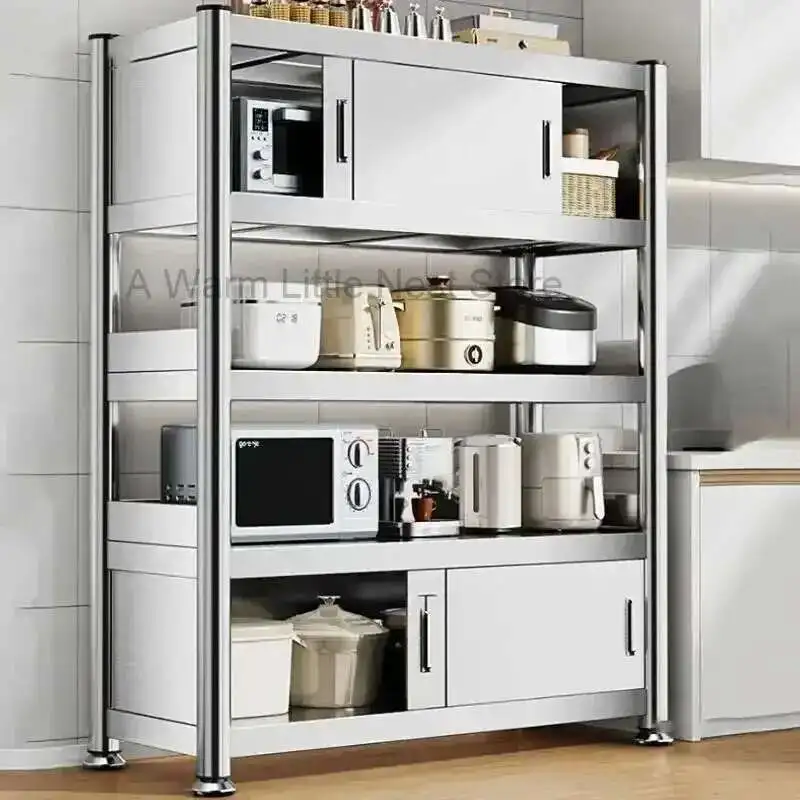 

Stainless Steel Kitchen Cabinets with Door Floor Multi-layer Sliding Door Cabinet Storage Racks Multi-functional Home Furniture