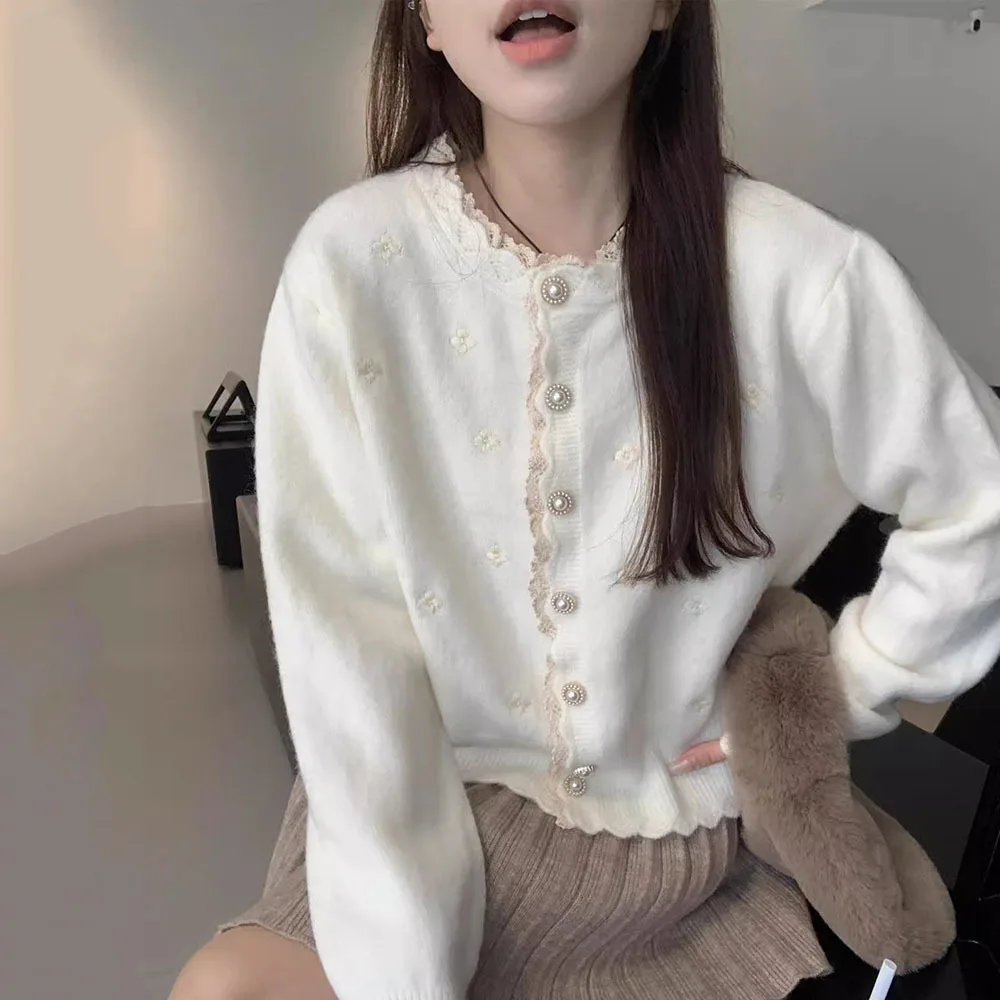 Korean Fashion Pink Sweaters Jacket Women Autumn Winter Lace Cardigan Knit Long Sleeve Gentle Girl Elegant Ladies Knitted Coats