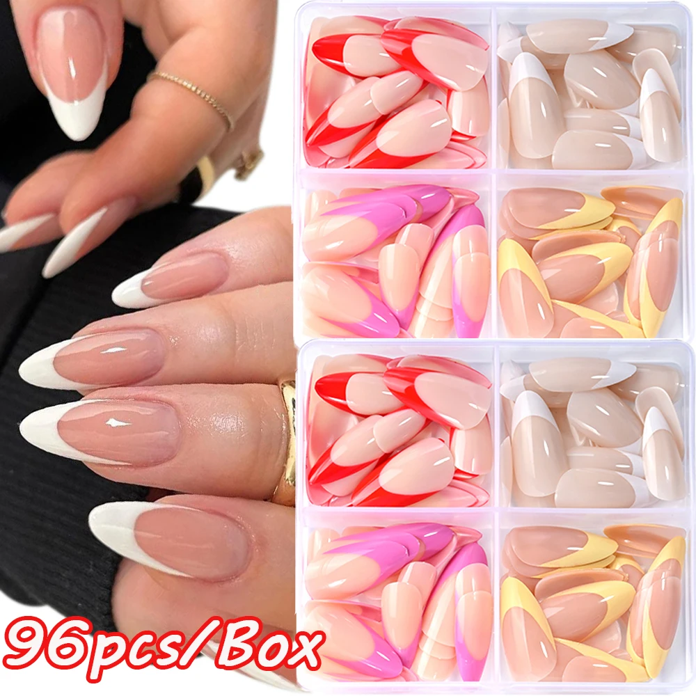 

96 шт. смешанные акриловые миндалевидные французские накладные ногти, носимые с полным покрытием, пресс на кончиках ногтей, белый край, французские средние накладные ногти на шпильке