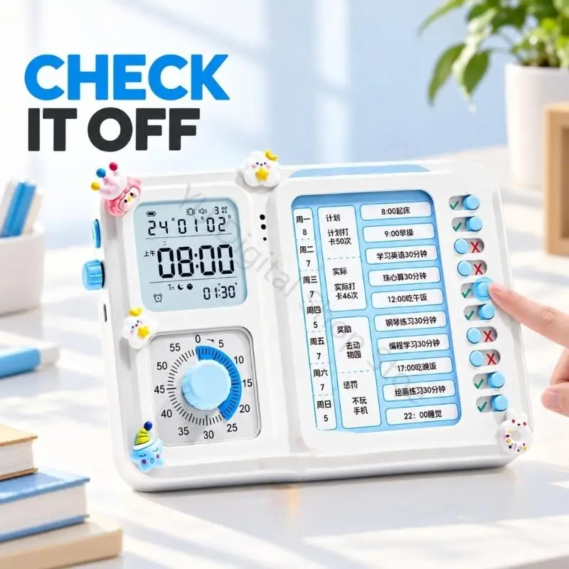 96BA Visual Study Timer with Weekly Task Board, Check and X Slide Markers, Alarm Reminder, and Digital Clock Display