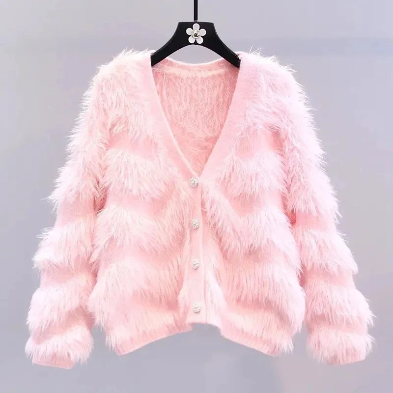 Single-Breasted V-Neck Knitted Cardigan Jacket Women Sweater Coat Imitation Mink Fur Female Sweater Jacket MT28