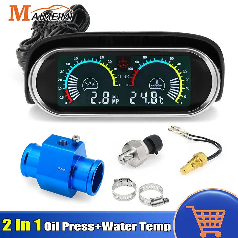 Universal For 12V 24V Car LCD 2 in 1 Gauge Oil Pressure Gauge Water Temperature Gauge Horizontal LCD Digital Display Instrument