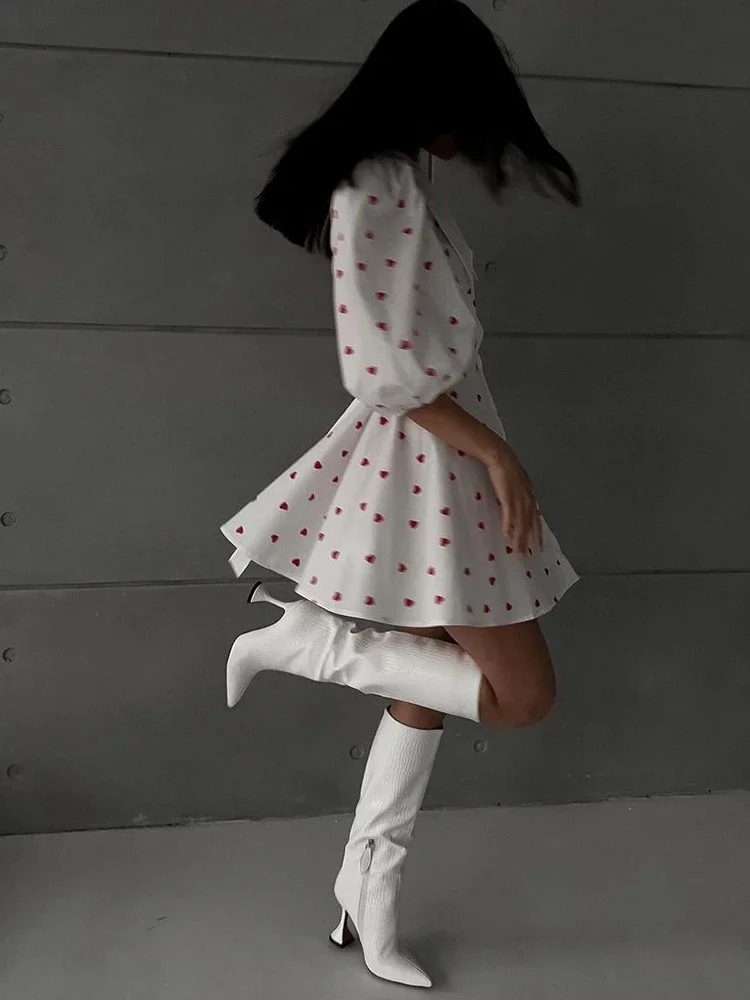 

Full Sleeve Polka Dot Printing Mini Dress Women Casual Lapel Slim Fit Waist Cinched Ruffled Short Dresses Summer Holiday Robe