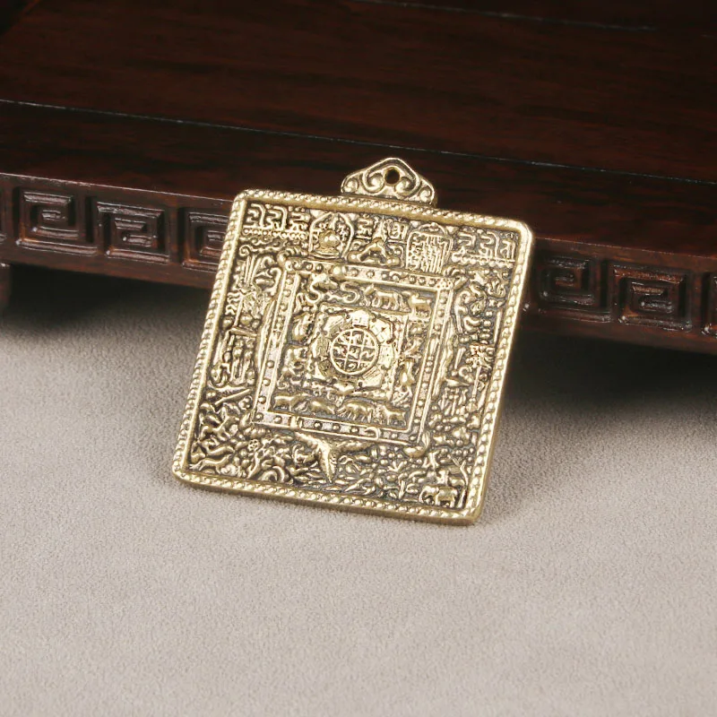 Vintage Brass Tibetan Nine Palaces Eight Trigrams Tag Square Amulet Handmade Pendant Waist Tag Copper Craft Collectible Retro Je