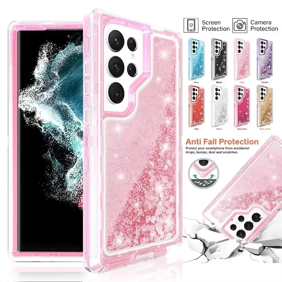 Liquid Glitter Quicksand Phone Case For Samsung S23 S22 S21 S20 Note 20 Ultra Shockproof Cover 3 Layers Bumper PC+TPU