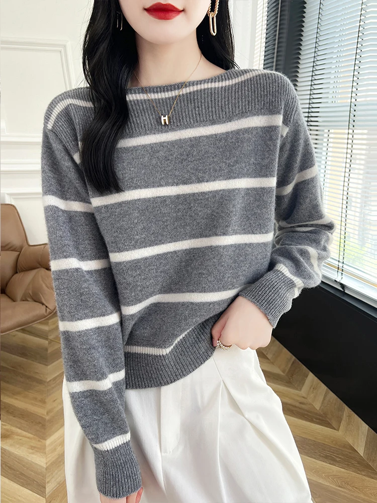 

Women Striped Slash Neck Pullovers 100% Merino Wool Sweater Cashmere Autumn Winter Chic Long Sleeve Soft Knitwear Female Clothes