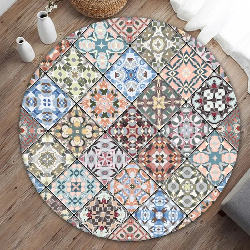 

Bohemian Tribal Motif Round Rug – Oriental Geometric Paisley Retro Mat for Living Room & Study