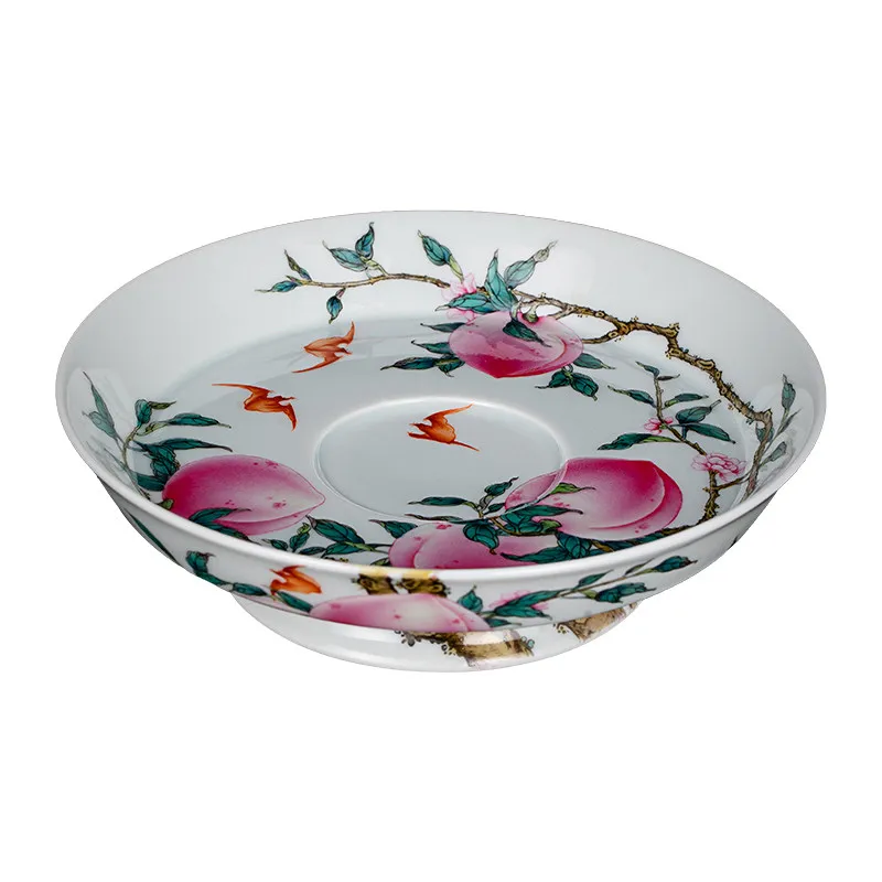 Ceramic pot bearing hand-painted high-end enamel color longevity peach cover bowl bottom holder Kung Fu tea accessories