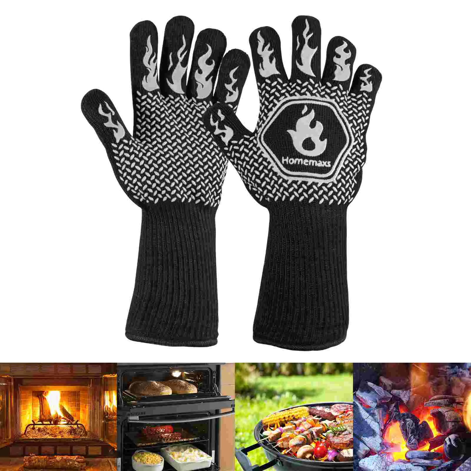 HOMEMAXS Par de manoplas para horno resistentes al calor inferiores a 800 ℃   Guantes protectores para asar barbacoa y silicona de algodón (negro, rojo)