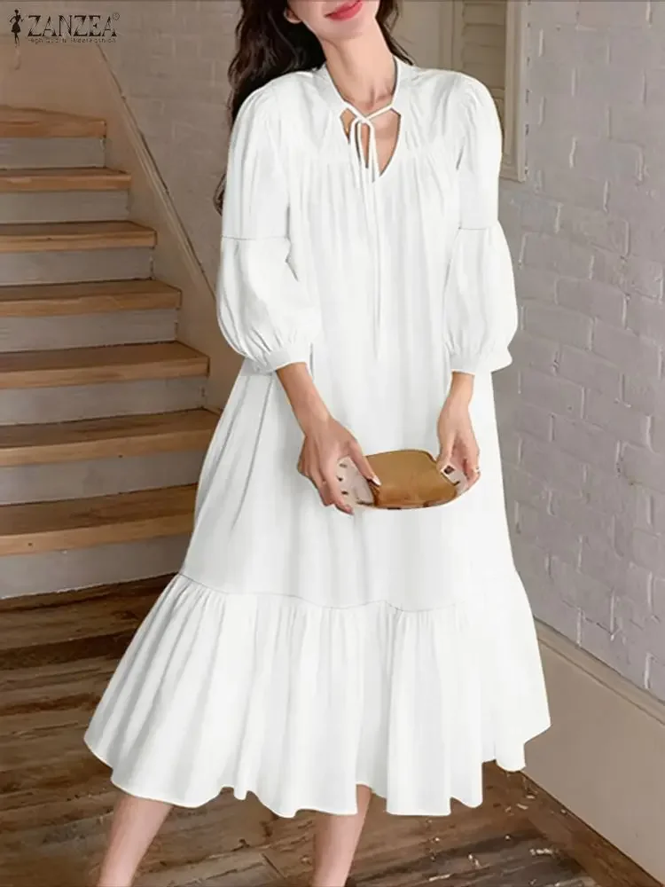 ZANZEA ファッションロングシャツドレス女性エレガントなオフィスストリートウェアミディサンドレス秋フリルパフスリーブ包帯パーティーローブ