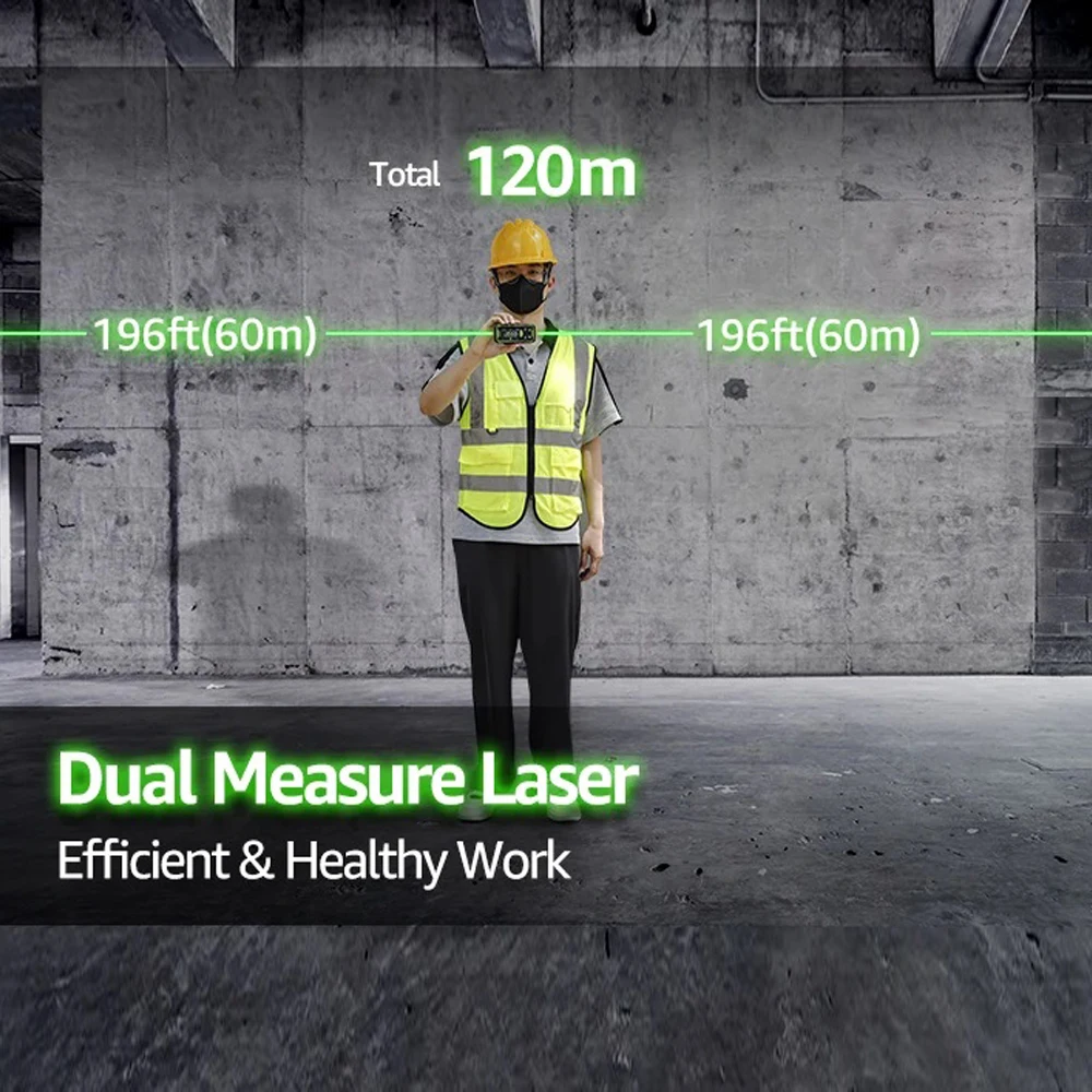 

Huepar Dual Laser Rangefinder Green Beam Laser Meter 120M/200M Multiple Unit Measurement Tool With Backlit LCD display & USB