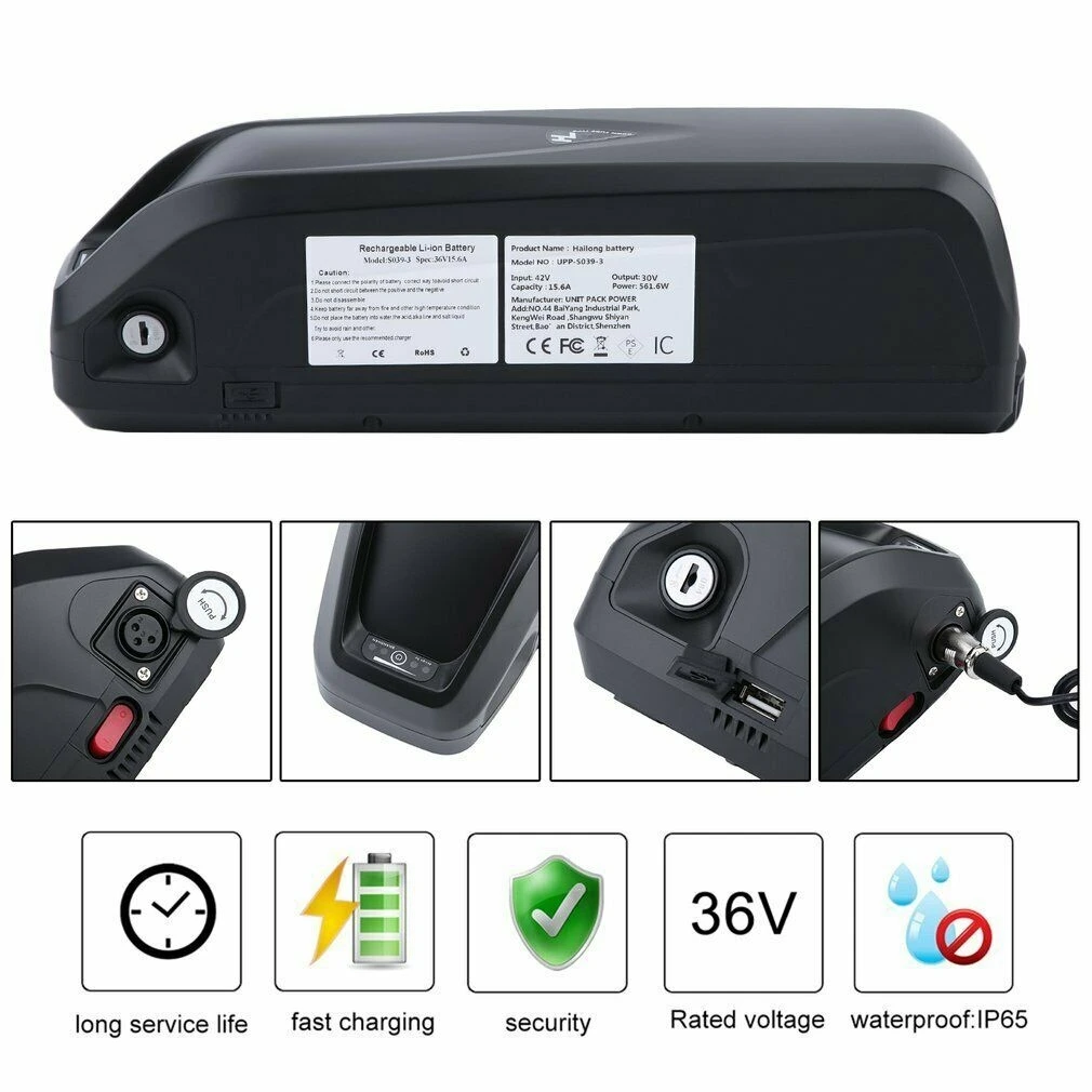 36V 15.6Ah E-Bike Battery, 48V 13AH Lithium Battery Pack with 40A BMS for Electric Bicycles & E-Motorcycles (100W–1800W Motor), with USB Port and Mounting Base