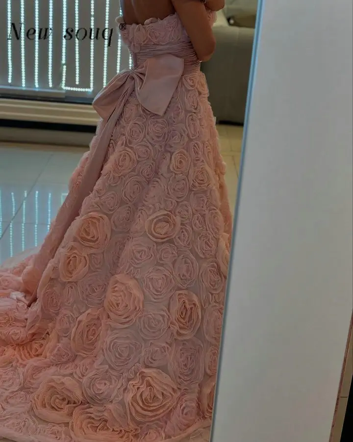 Peach Princess 3D Rose Lace Strapless Evening Dresses with Bow A Line Puff Pageant Events Party Gowns Customized