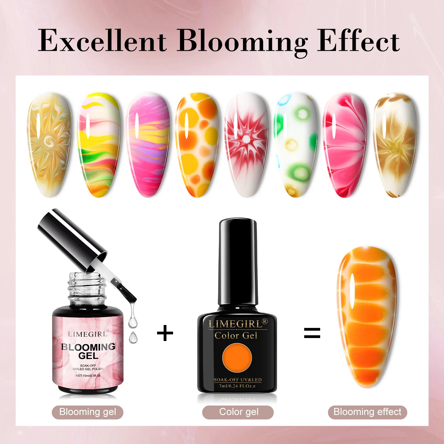 LIMEGIRL Blooming Gel 15ml Przezroczysty lakier hybrydowy UV LED Blossom Gel do efektu rozprzestrzeniania się Marmur Kamień Naturalny Akwarela Kwiatowy Wzór DIY