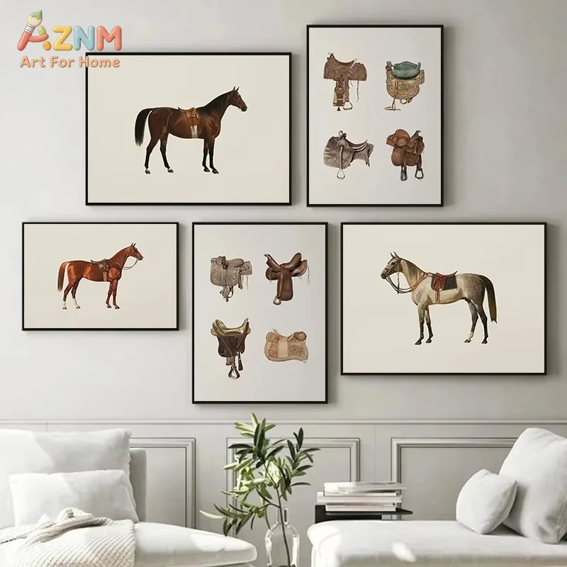 AZNM Vintage Saddle Farm Animal Horse Riding Art Posters Prints Canvas Painting Wall Art Picture Living Room Home Decor