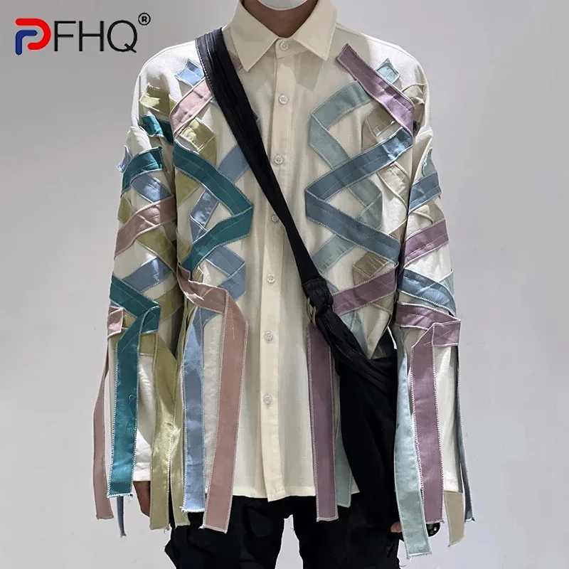 PFHQ Worn-out New Men's Shirts Rainbow Striped Ribbon Design Casual Turn-down Collar Loose Long Sleeved Male Top Fashion 21Z9150