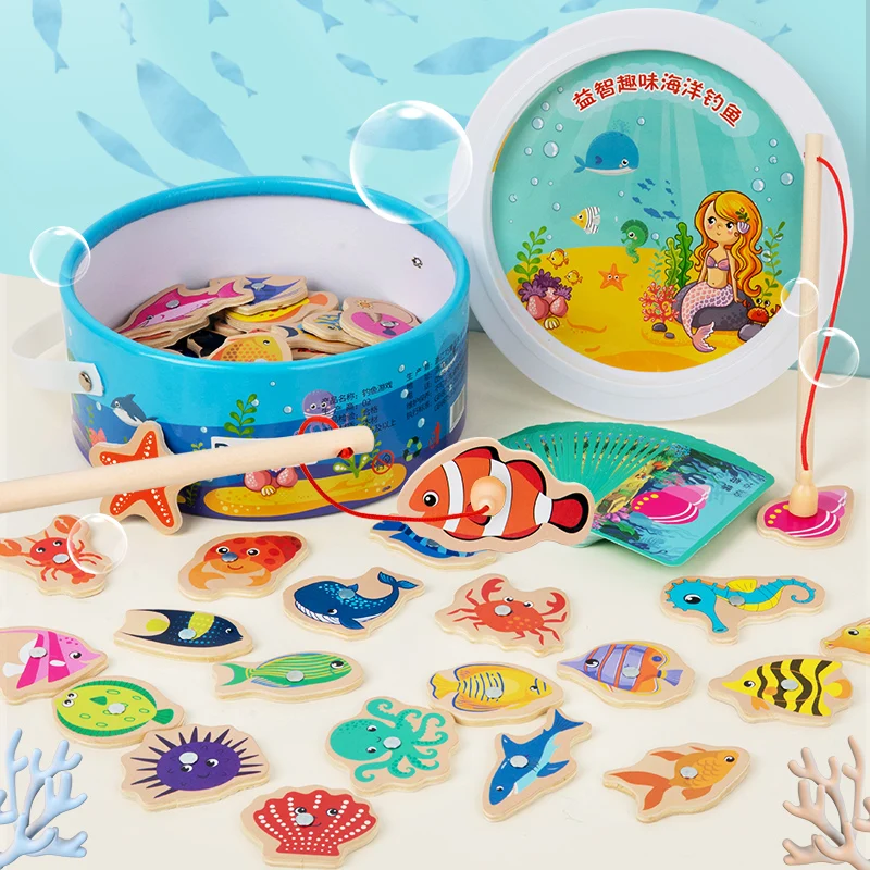 Wooden Logic Thinking Bucket Fishing Game for Baby Toddler Early Learning Parent Child Interaction Educational Toy