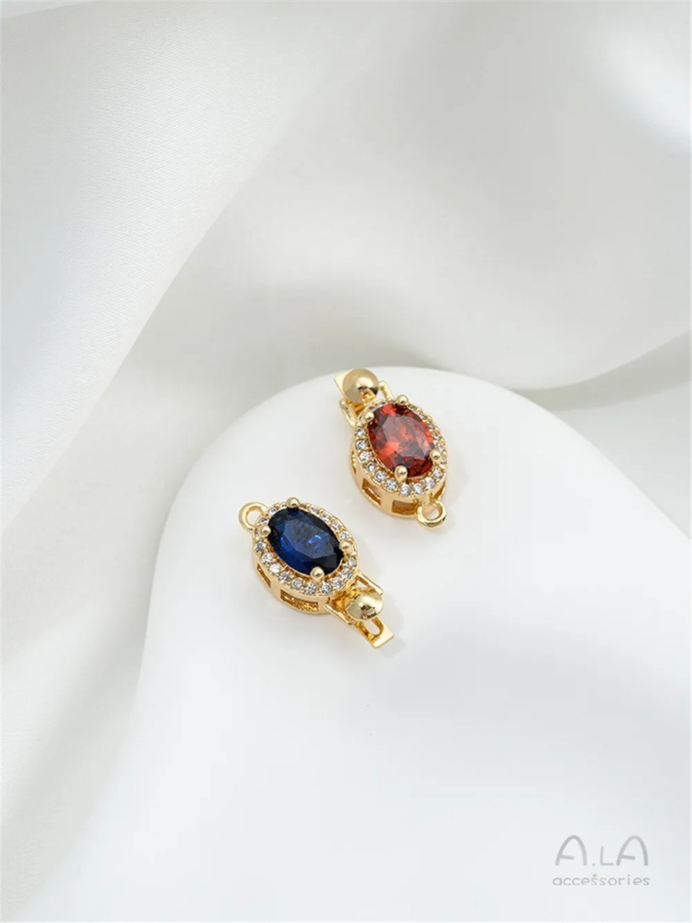 

14K Gold Inlaid Red and Blue Zircon Oval Egg-shaped Pearl Buckle DIY Bracelet Necklace Jewelry Buckle
