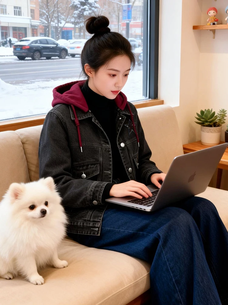 Slim Fit Denim Jaet Dames Faionable Kapmantel Veelzijdig Gewichtsverlies Jaet Long Sve Thiened Casual Bovenkleding