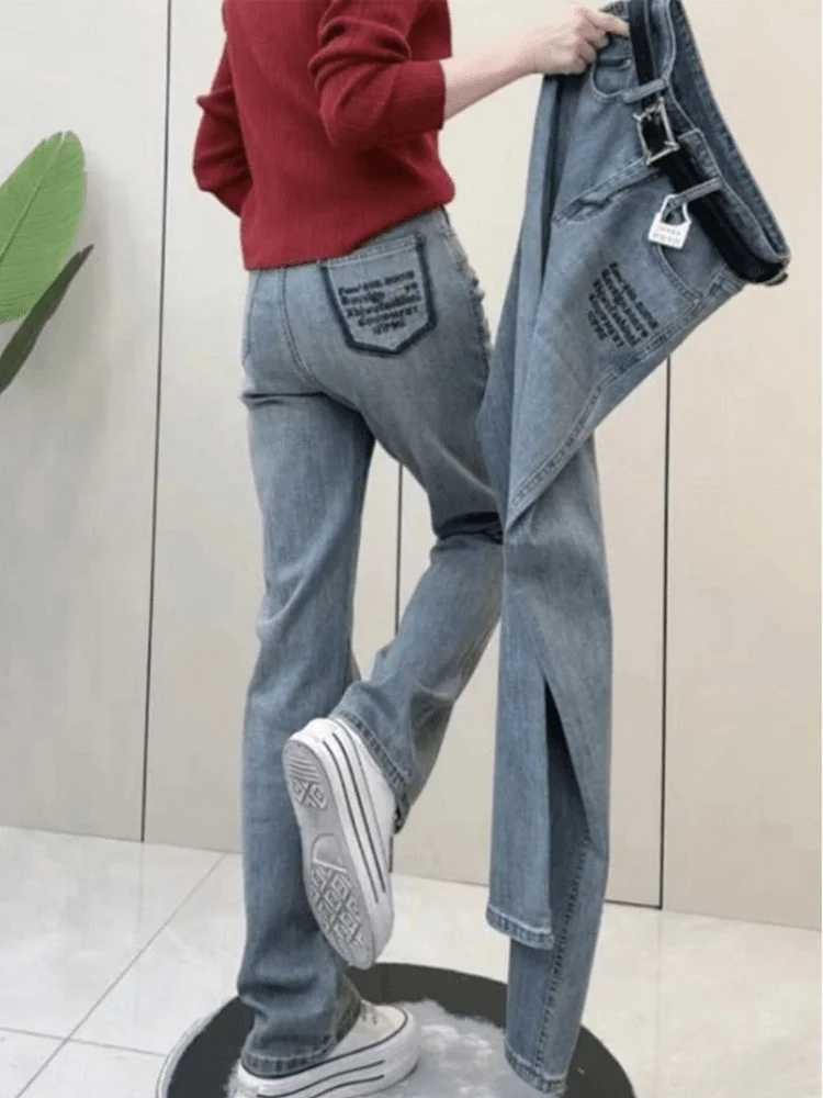 Cintura alta elástica denim jeans feminino verão novo solto versátil fino perna reta até o chão calças de algodão mistura de poliéster