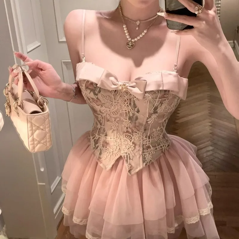 

Французская милая элегантная женская одежда Летний сексуальный жилет с бантом на бретельках Топы + кружевная мини-юбка с высокой талией Y2k Корейский модный комплект из 2 предметов