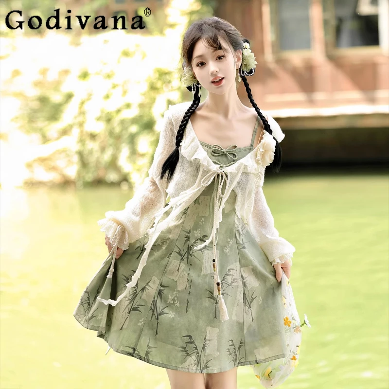 

New Chinese Sweet Green Print High Waist Age-reducing Suspender Dress Spring Summer Fashion Age-reducing Versatile Short Dresses