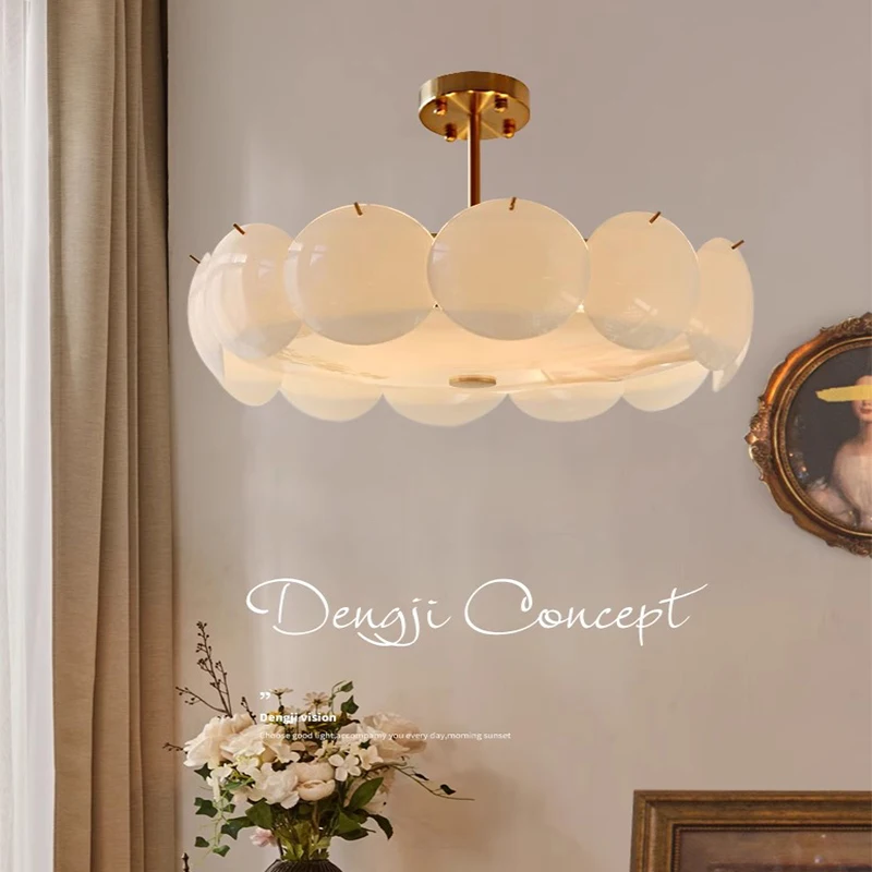 

French cream white glass ceiling light, medieval circular bedroom, living room, dining room, pendant light, aisle light