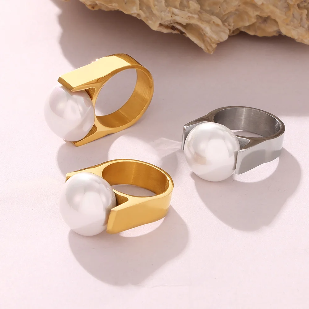 Exaggerated Big Pearl Designer Stainless Steel Rings For Women Gold Plated Ring Fashion Charm Jewelry Gift Wholesale