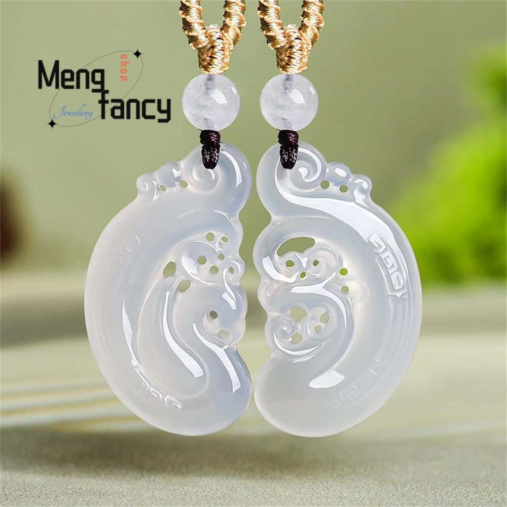

Natural Chalcedony White Agate Retro Hollow-out Carve Dragon Phoenix Pendant Pair Ice Seed White Moonlight Couple Luxury Pendant