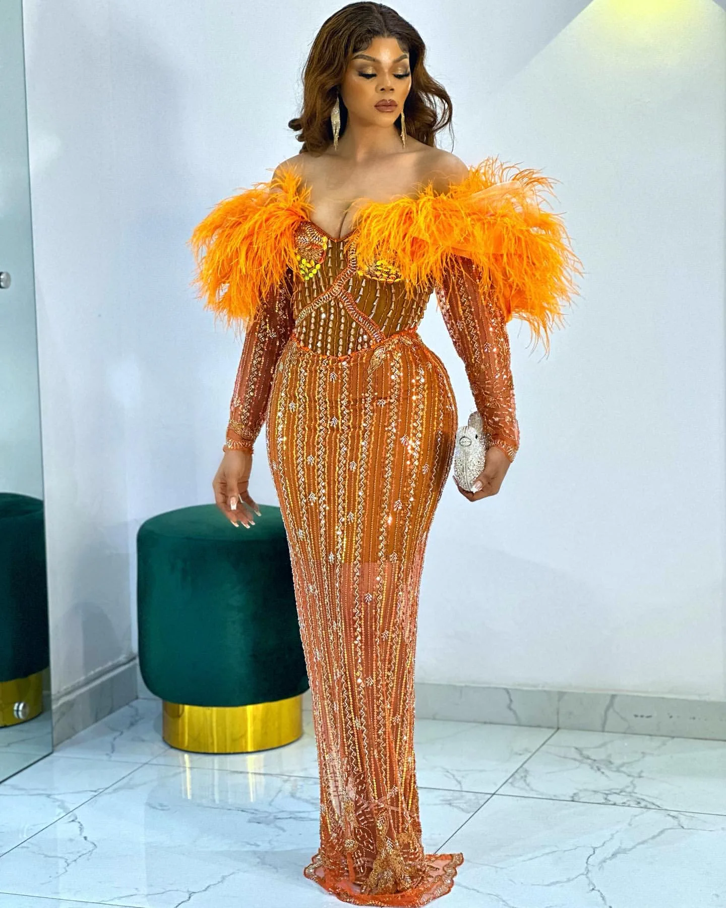 2024 Orange Straight Prom Dresses Beaded Feather Sequined Evening Formal Party Second Engagement Birthday Gowns Dresses 023